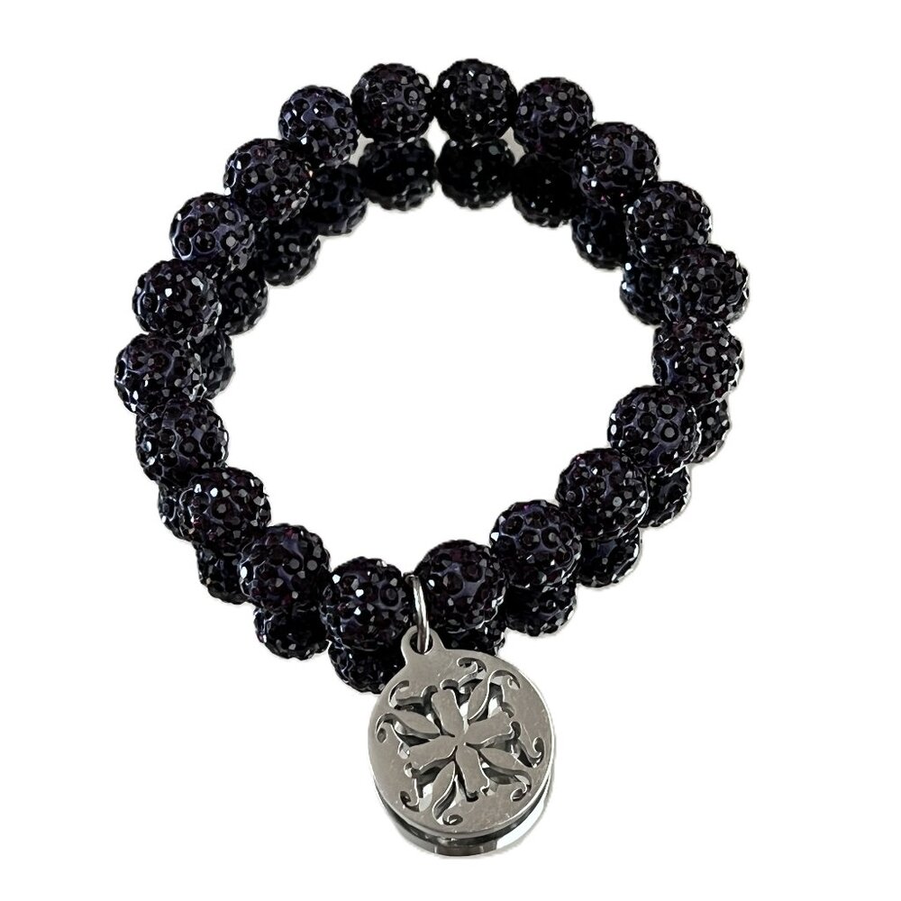 Rustic Cuff Metal Stainless Steel Shambala Beaded Stretch Bracelet black